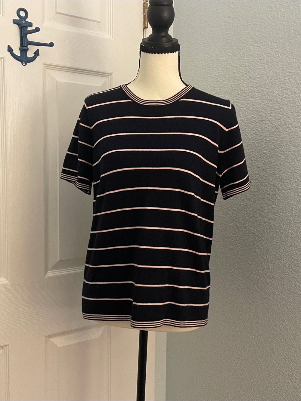 Karen Scott Women’s Navy Sweater with Pale Pink Stripes